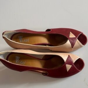 Burgundy and Tan Peep Toe Heels